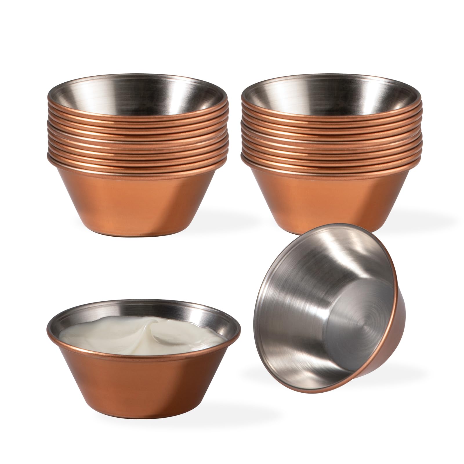 Fit Meal Prep [24 Pack 1.5 oz Stainless Steel Sauce Cups - Copper Plated Individual Round Condiments Ramekins, Commercial Grade Safe/Portion Dipping Sauce Kitchen Set
