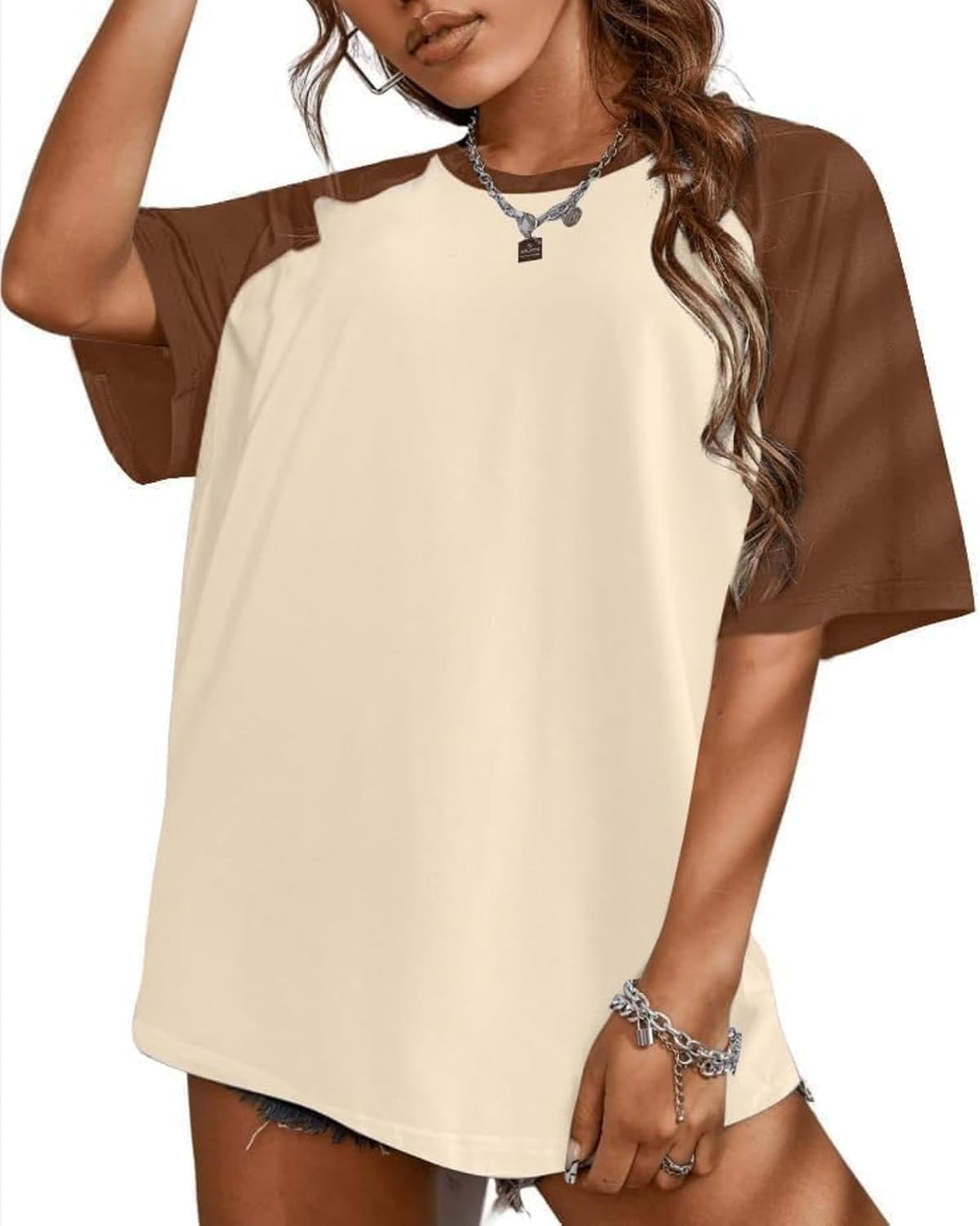 Remidoo Womens Short Sleeve Oversized T Shirt Color Block Crew Neck Casual Tee Tops