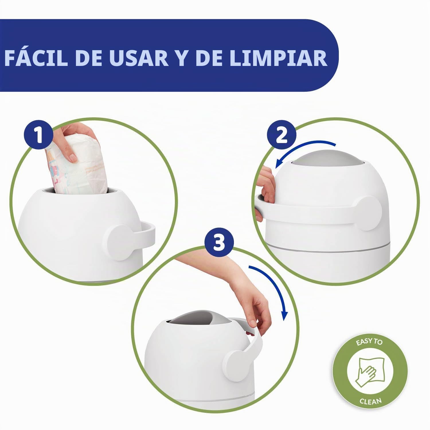 Chicco Contenedor para Pañales con Control de Olores, Sistema de Deshecho de Pañales, Papelera Compacta, Ahorra Espacio, con Tapa, Fácil de Usar y Limpiar, Funciona con Bolsas de Plástico, Blanco