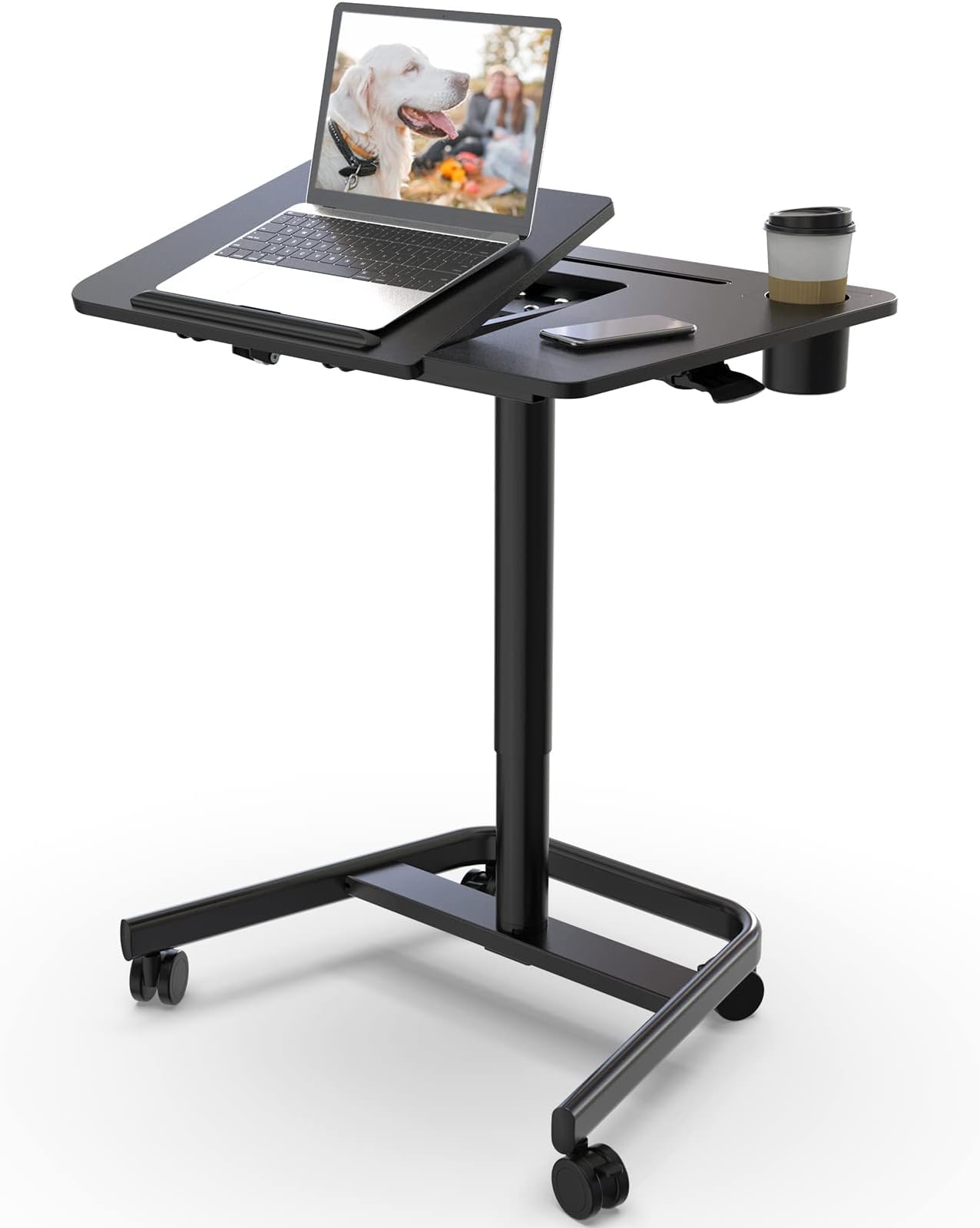Mobile Standing Desk, Height Adjustable Table, 60° Tiltable Rolling Laptop Desk, Portable Sit Stand Desk with Wheels Cup Holder for Bed Couch Hospital, Holds Up to 22lbs, Black