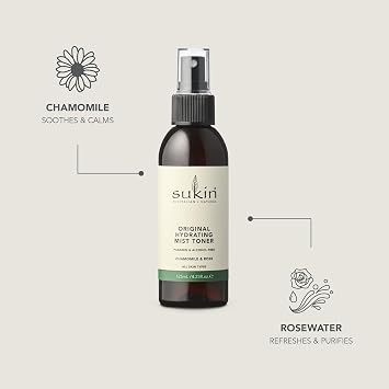 Sukin Original Hydrating Toner, Face Mist Refreshing Chamomile & Rose Water Spray for Face, Beauty & Personal Care Essentials, 4.23 Oz