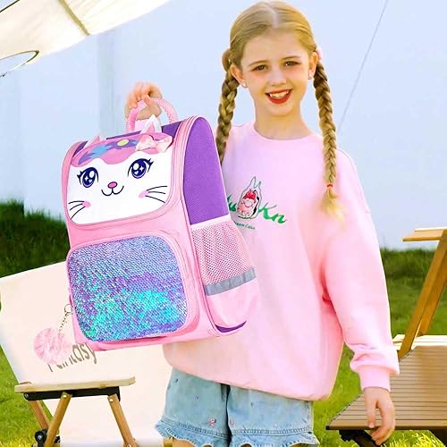 Miniatura 2 de UFNDC Mochila de unicornio de 3 piezas para niñas, bolsa de libros de lentejuelas de 15 pulgadas con lonchera, bolsa escolar para niños preescolares