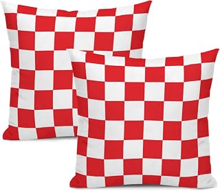 2 Sets Checkered Decorative Throw Pillow Covers, 18x18 Inch for Living Room Couch Bed Sofa, Red and White Plaid Home Decor, Soft Cushion Case