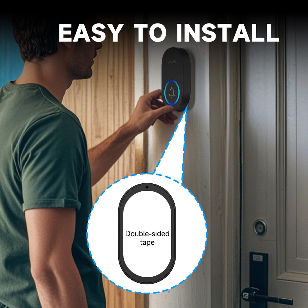 VIVIS Timbre inalámbrico, Alcance inalámbrico de hasta 280 Metros en Espacios Abiertos, 60 Tonos de Llamada, con luz LED, fácil de Instalar, Adecuado para hogares, Apartamentos y oficinas. (1 to 2)