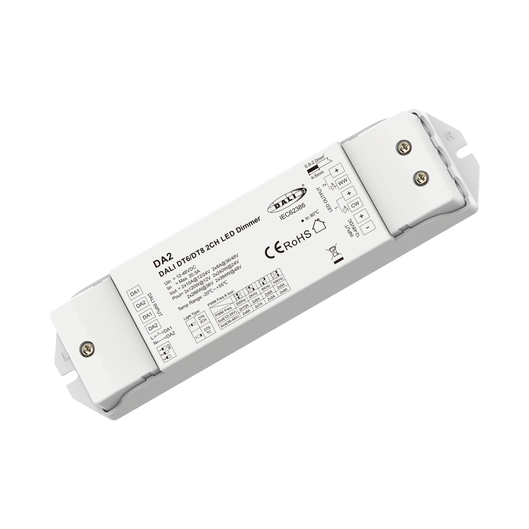 DALI - Regulador LED de 2 canales, regulable con botón NO, AC Push Dim, DALI-2, PWM, DT6 DT8 para tira LED monocolor CCT 12 V 24 V 36 V 48 V, 2 x 10 A @ 12 V/24 V, 2 x 8 A @ 36 V/48 V