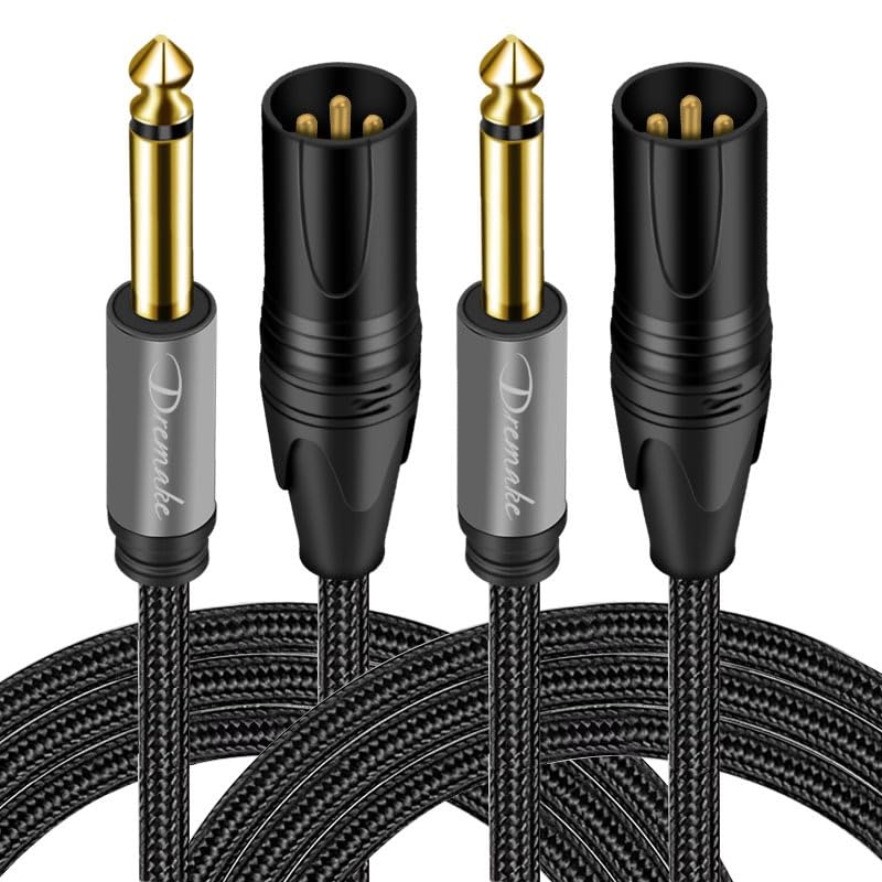 DREMAKE 2 Pack XLR 3-Pin Male to TS 1/4’’ Audio Cable 6ft - Unbalanced 6.35mm Quarter Inch to XLR Interconnect Patch Cord for Microphones, Powered Speakers, Amplifiers, Studio Sound Consoles