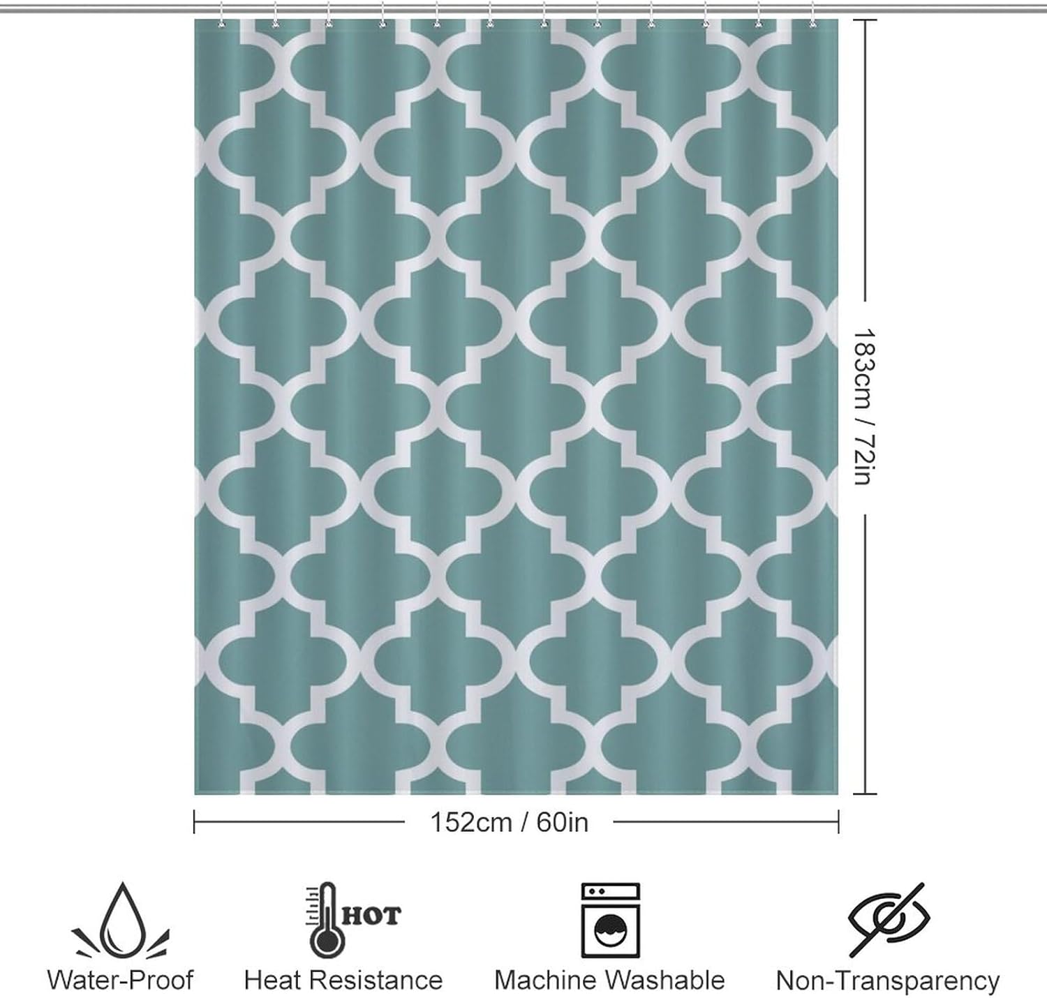 Shower Curtain Liner Set, Modern Dusty Blue and White Quatrefoil Pattern Waterproof Washable Bathroom Curtains with 12 Hooks, 60 x 72inch