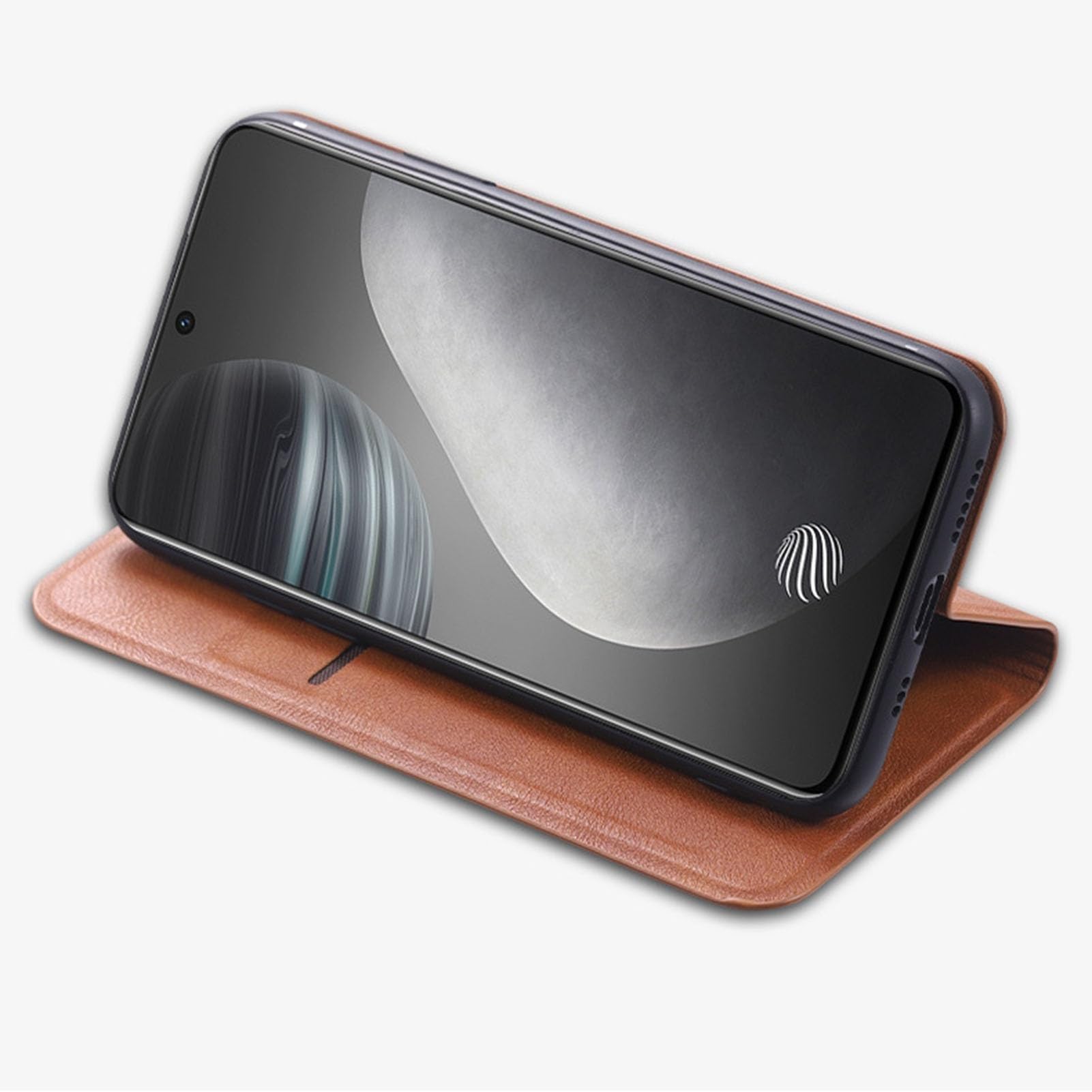 Case For OnePlus 15, etui ze skóry PU z przegródką na karty bez odcisków palców podpórka (brązowa)