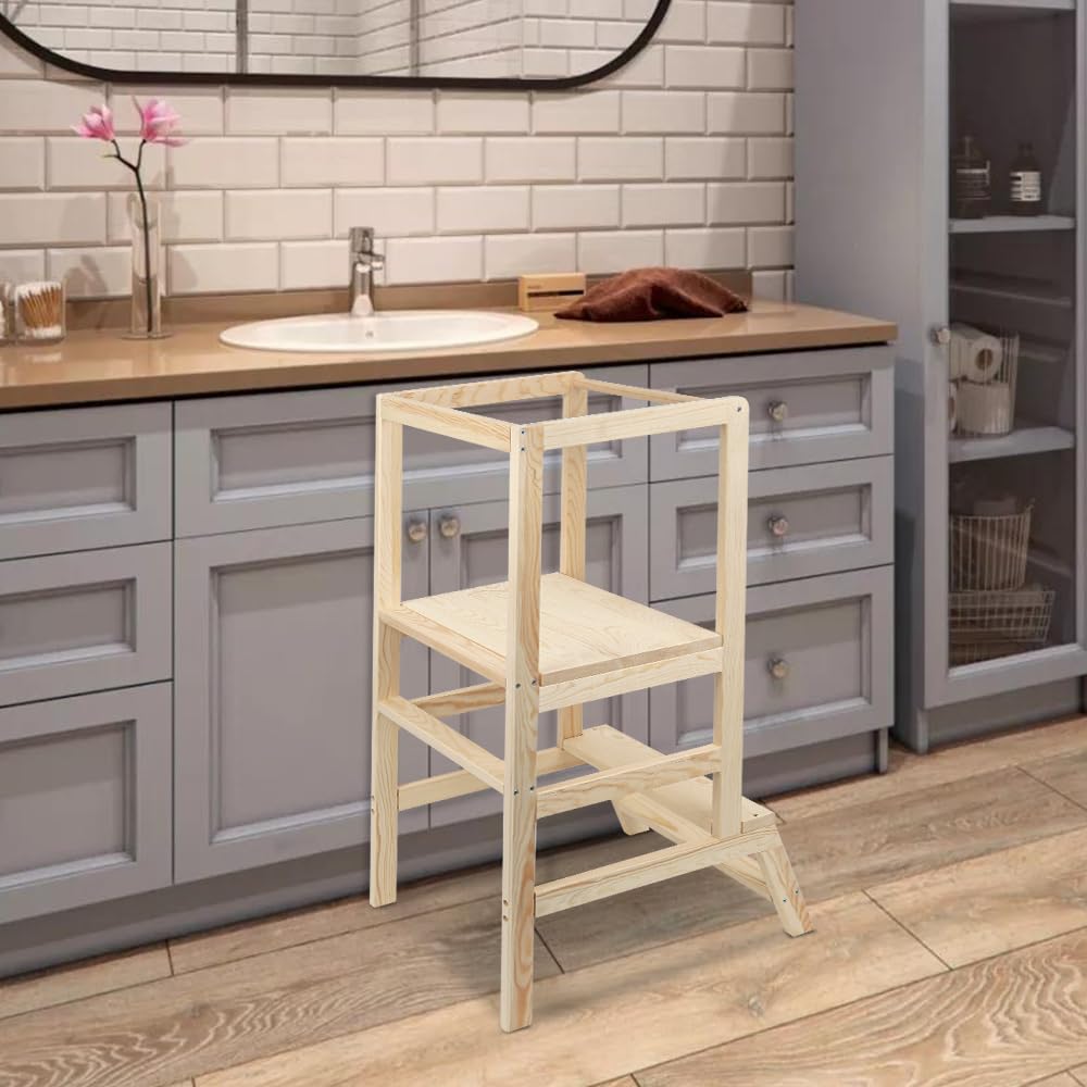 Homewell Höhenverstellbarer Lernturm ab 1 Jahr, Learning Tower, Montessori-Methode, Massiv Montessori Lernturm Kinder aus Holz, Stabil Robust, 39 * 52 * 90 cm