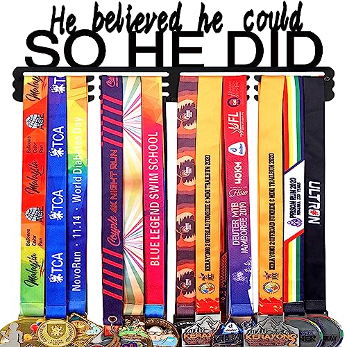 Goutoports Medal Holder Display Hanger Rack Frame for Sport Race Runner - He Believed He Could - Sturdy Black Steel Metal Over 60 Medals Easy to Install