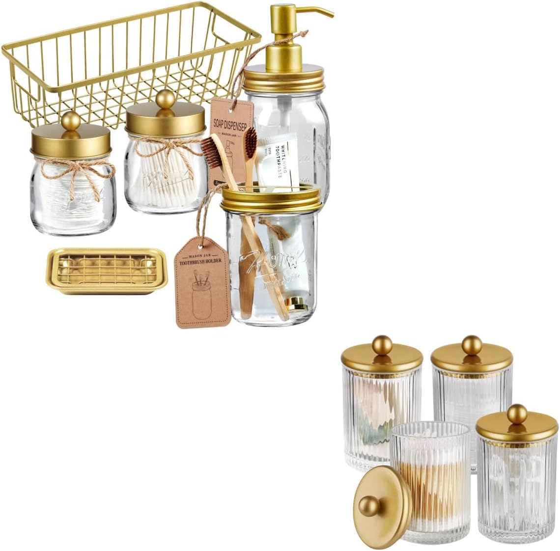 SheeChung Gold Ribbed Glass Qtip Holder, Apothecary Jars with Lids & 6Pcs Mason Jar Bathroom Accessories Set, Soap Dispenser, Toothbrush Holder, Soap Dish, Farmhouse Bathroom Decor
