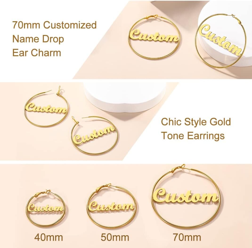 GoldChic Jewelry Name Earrings Personalized For Women, Gold Custom Name Plate Hoop Earrings, Dangle Earrings Studs with Names for Mother Wife