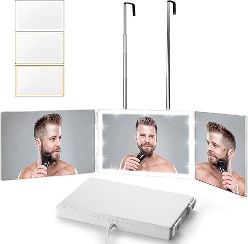 Miniatura 7 de Vanexiss Espejo recargable de 3 vías para cortar el cabello, espejo triple ajustable de vidrio real con luz LED de 3 temperaturas de color y ganchos
