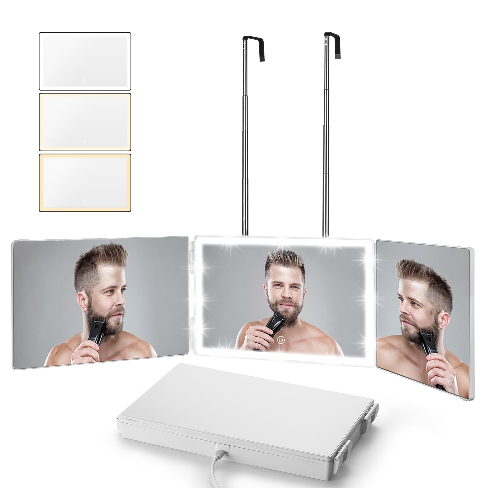 VanexissRechargeable 3 Way Mirror for Hair Cutting, Real Glass Adjustable Trifold Mirror with 3 Color Temps LED Light & Telescoping Hooks for Makeup, Shaving & Styling(White)