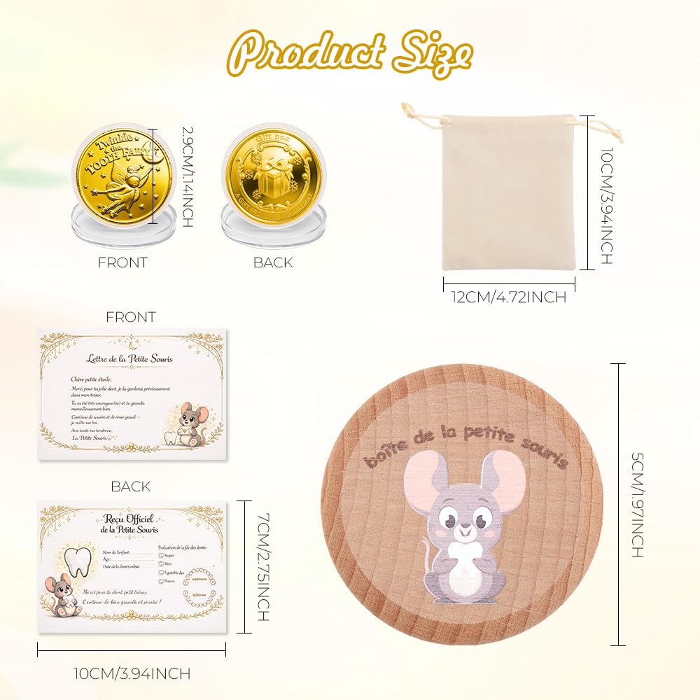 WALLFID Caja Dientes de Leche Ratoncito Pérez para Niño y Niña, Cajita de Madera con Motivo Ratón Colorido, Incluye Tarjeta y Moneda,Acumulación de Dientes — view 8