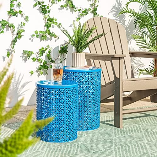 glitzhome Nesting Side Table Set of 2 Decorative Garden Stools for Indoor Outdoor Heavy Duty Metal Frame Side Table Modern End Table, Glossy Blue