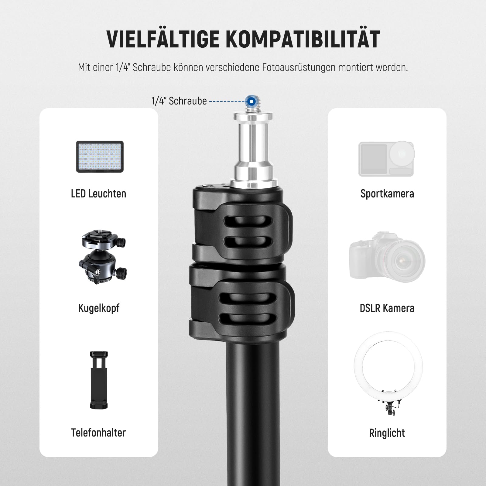 NEEWER Fotografie Lichtstativ, 47–195cm (1,5–6,4 ft) Aluminium-Stativ mit umkehrbarer Studiobeleuchtung, Smartphone Videostativ mit 1/4" Schraube für Blitzlichtkamera Softbox, 2kg Tragkraft, ST195