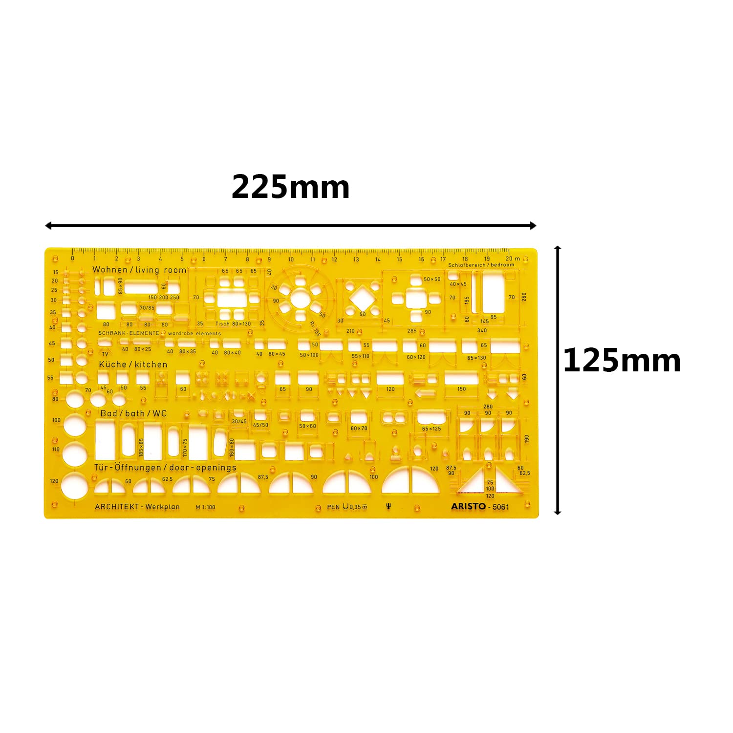 Aristo AR5061 Architektur Kombi Schablone 2 (1:100, Symbole für Grundrissdarstellung, Tuschenoppen, formstabiler PET-Kunststoff) orange-transparent