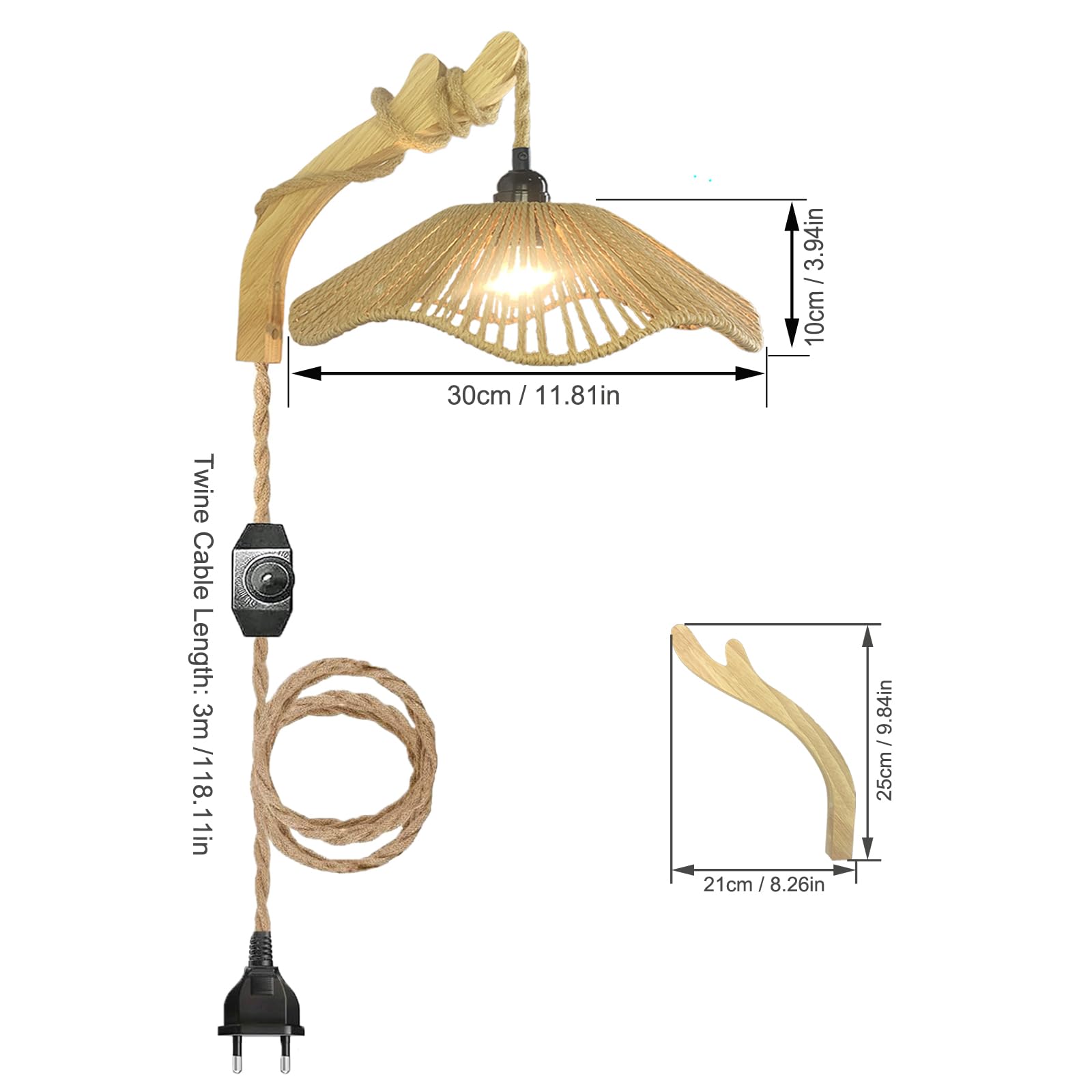 2er Set Wandleuchte Rattan Boho mit Stecker und Schalter, Dimmbar Wandlampe Innen Holz Rustikal Retro mit 3m Hanfseil Kabel E27 Vintage Wandlicht für Schlafzimmer Wohnzimmer Flur Wandbeleuchtung