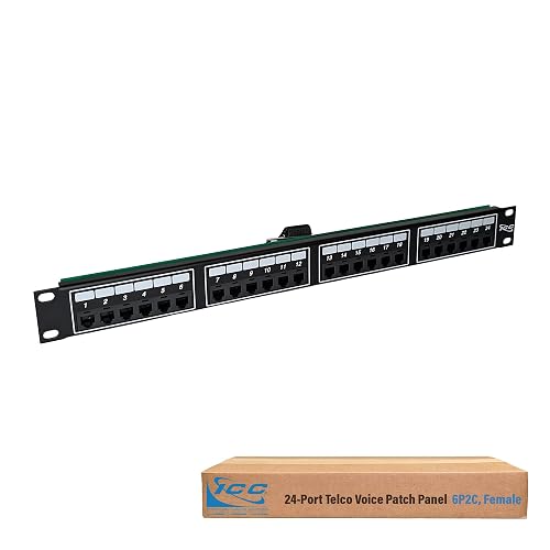 ICC 24-Port Voice Patch Panel, 6P2C Female Amphenol, 1U 19-Inch Rackmount | Telco USOC wiring, telephone PBX and IP phone systems, LAN integration, rear multi-line connector, centralized distribution