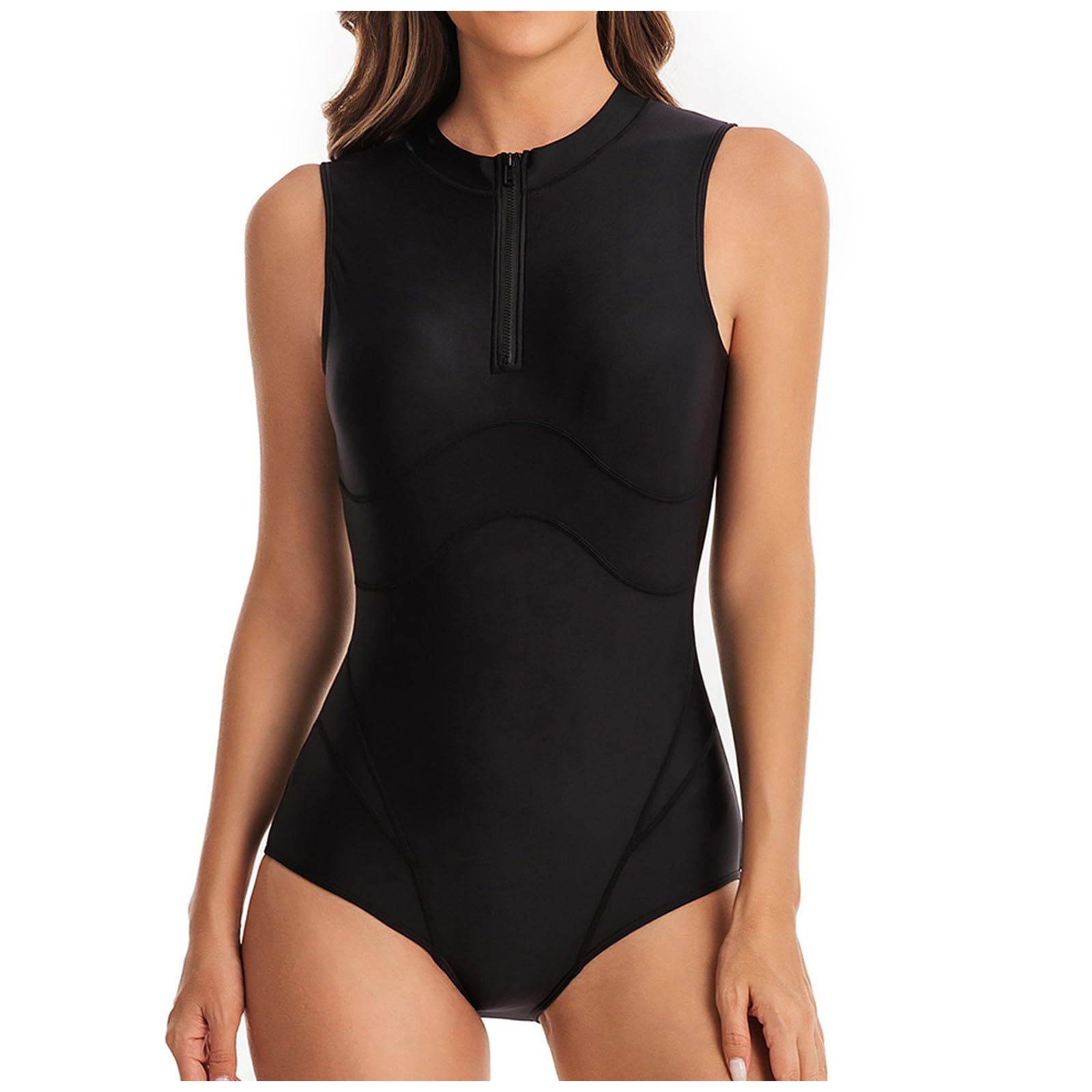 Damskie Bikini Bez Rękawów, Zapinane Na Zamek I Strój Kąpielowy Do Surfingu, Czarny, XL