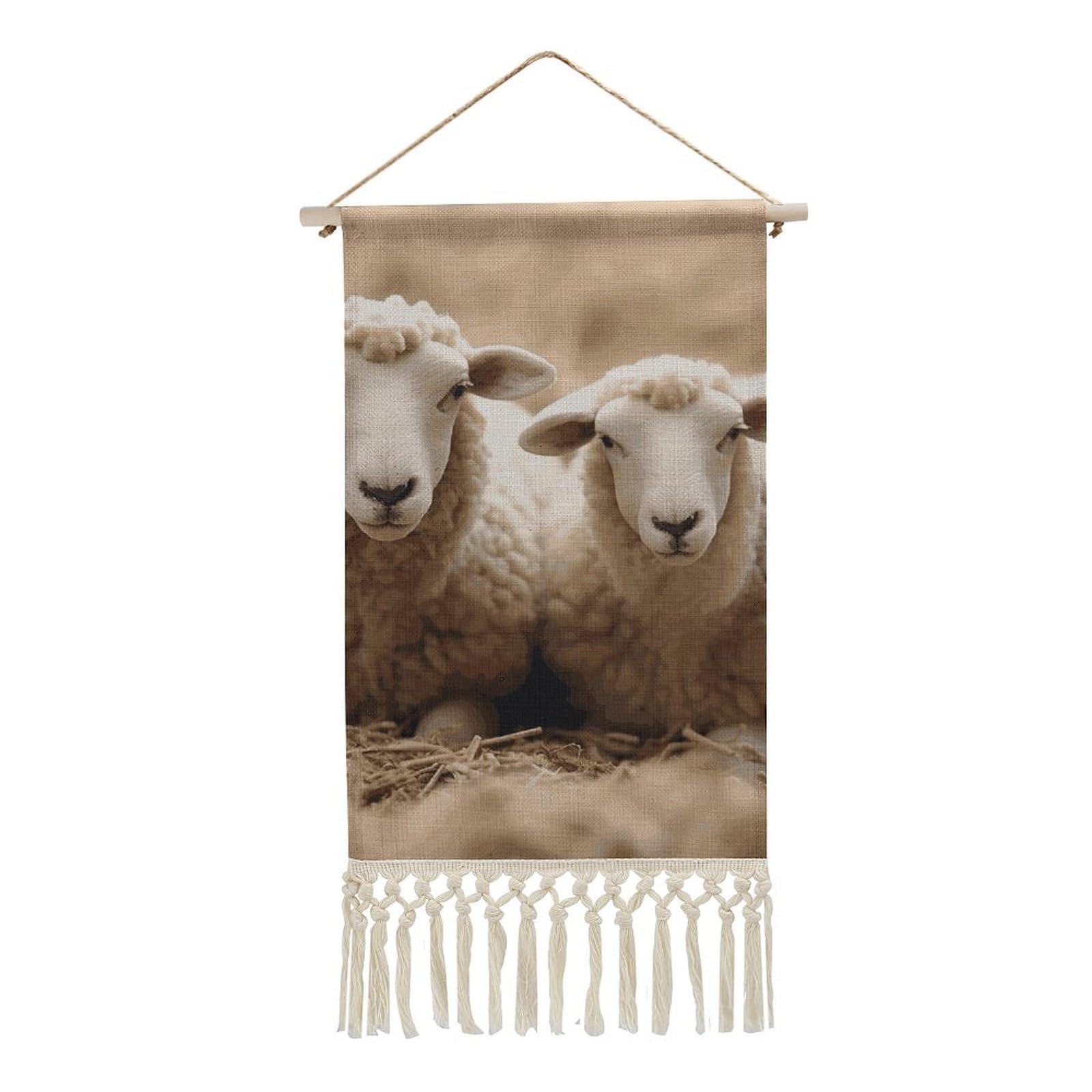 BTCOWZRV Cotton And Linen Hanging Poster with Tassels, Lamb And Sheep Wall Hanging Tapestry Vintage Wall Art Painting Modern Artwork Decoration for Home Decor Ready to Hang 10x19.6 in