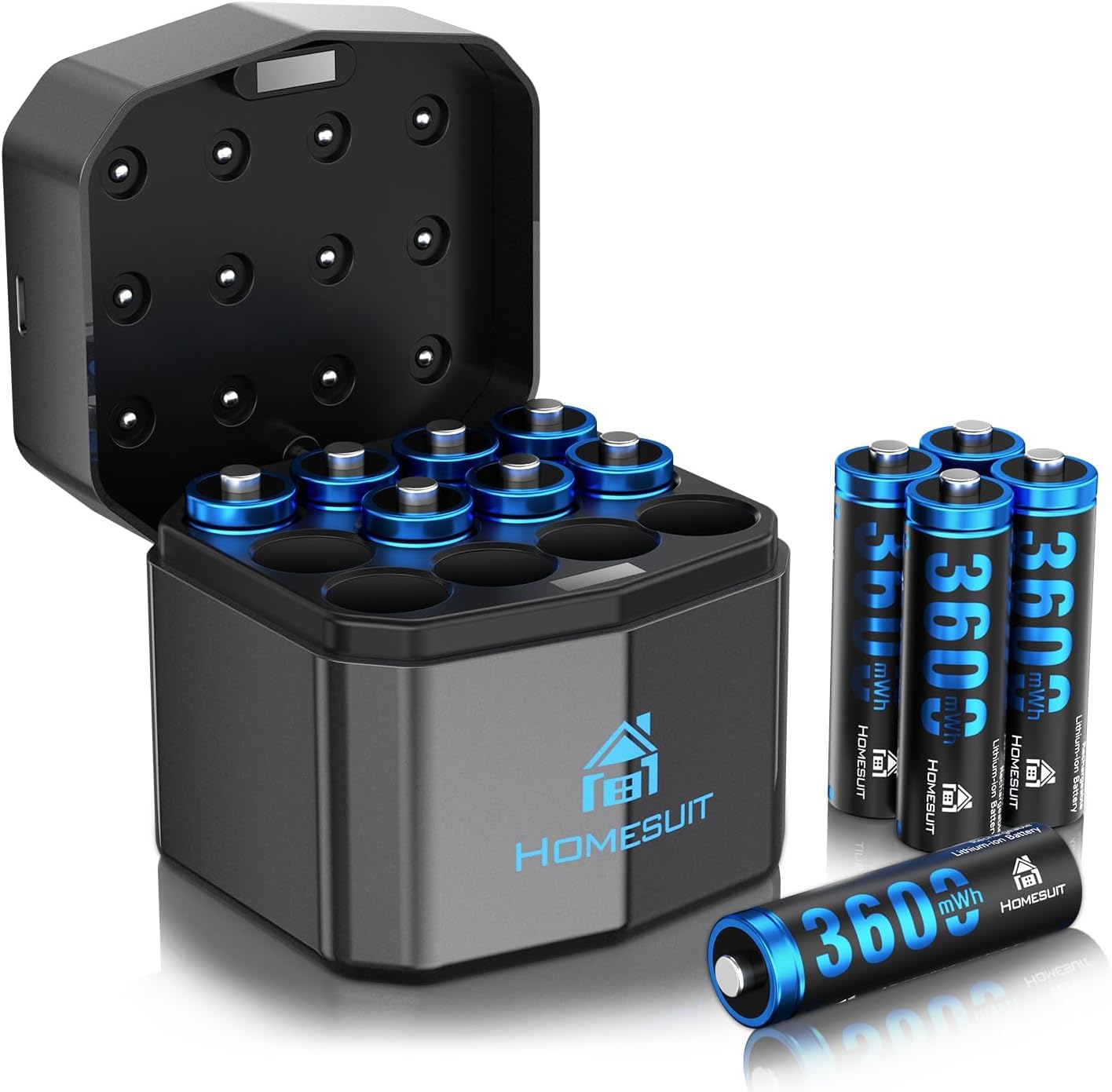 Homesuit Pilas recargables AA de litio con 12 cargadores, 1,5 V de alto rendimiento con pilas AA de iones de litio de 3600 mWh, paquete de 12, hasta 2000 ciclos de carga, azul (azul)