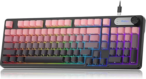 Miniatura 1 de BlueFinger Teclado RGB para juegos, teclado USB con cable de 98 teclas con retroiluminación arcoíris, perilla de volumen y pantalla, escritura