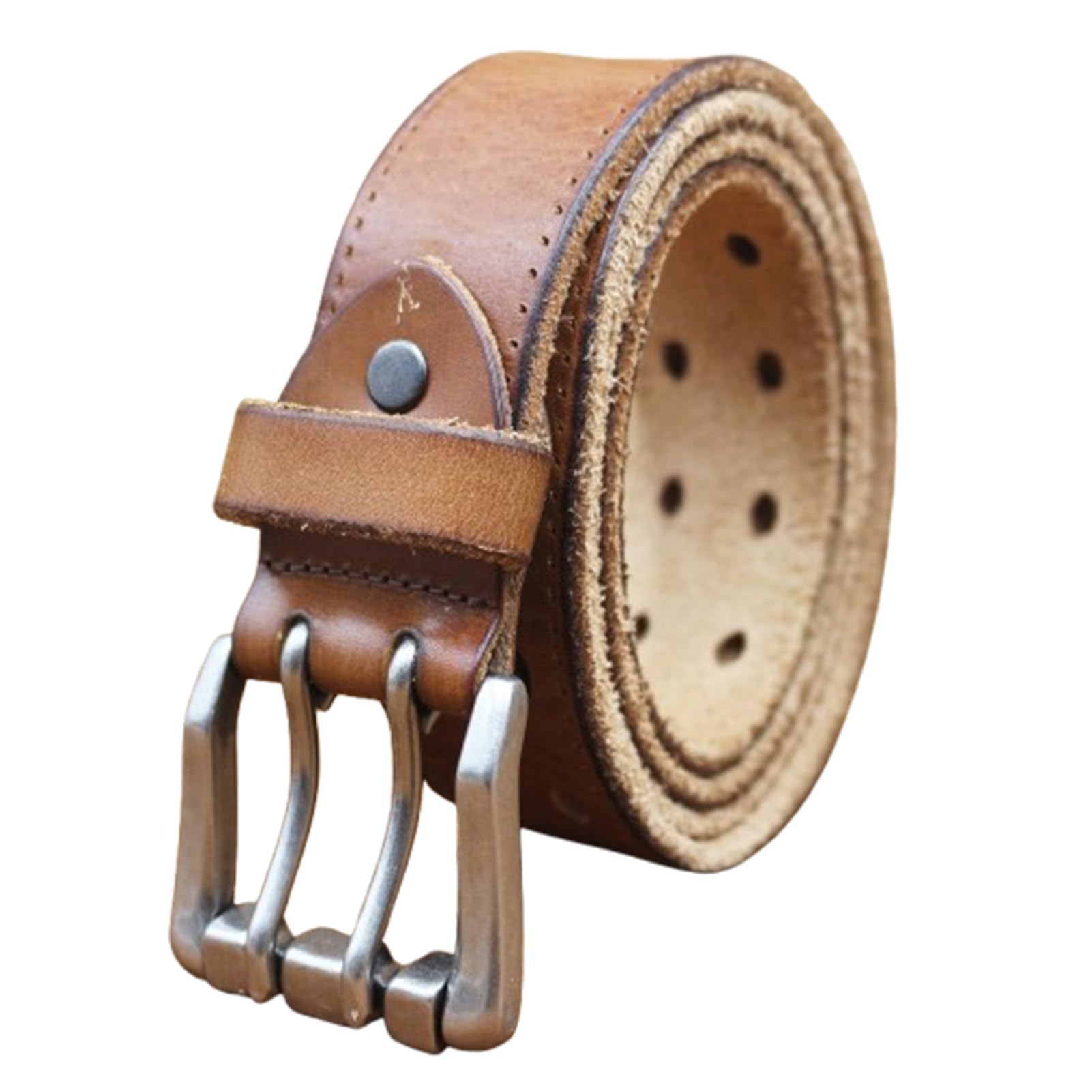 AGUTALITHIC Men's Work Belt, Heavy Duty Full Grain Leather Vintage Distressed Double Prong Roller Buckle,2 Holes Waist Strap(115cm/45, Brown)