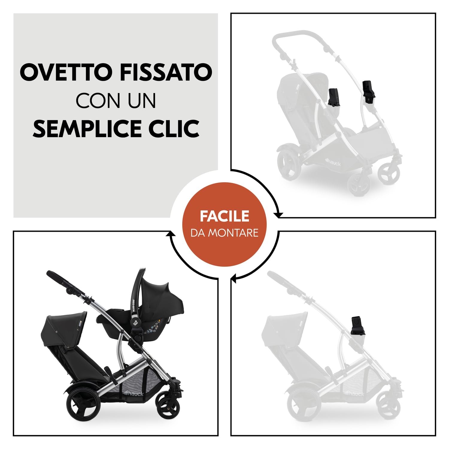 hauck Adattatori Seggiolini Auto Compatibili con Passeggino Gemellare Duett 2 e Duett 4 e Ovetti Selezionati di Maxi Cosi Cybex Joie Kinderkraft (Non Compatibili con Tutti i Modelli) - 1 Coppia, Nero