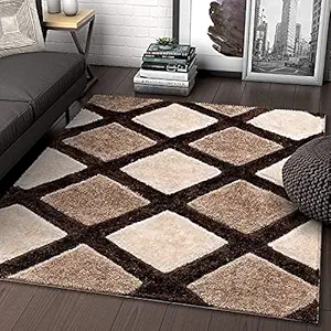 Carpetify Modern Geometric 3D Textured Thick and Soft Shaggy Fur Rug Carpet & Mat (3x5 Feet - Small Size, Colour - Brown/Beige/Cream)
