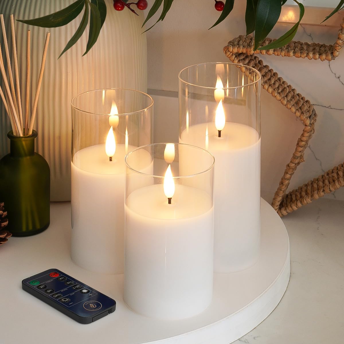 Ember Candles™ 12.5cm, 15cm & 17.5cm Hurricane Clear Glass White LED Flickering Battery Candles – 100% Real Wax, Ultra-Realistic, Flameless, Hand-Poured Design, 6-Hour Timer (with Remote Control)