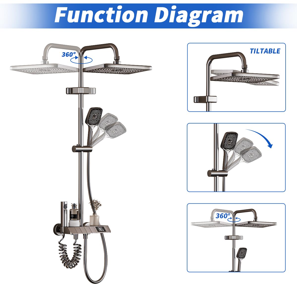 Colonne De Douche Avec Mitigeur, Design Piano Key, Pomme De Douche 30x20cm, Affichage Digital Led, Hauteur Ajustable, Multifonctionnel Pour Le Confort De La Salle De Bain.