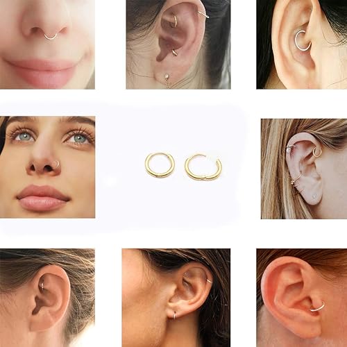 Miniatura 6 de Aretes de aro pequeños sleeper unisex chapados en oro real de 18K de acero quirúrgico, anillo para la nariz, anillo de septum, anillo de hélice,