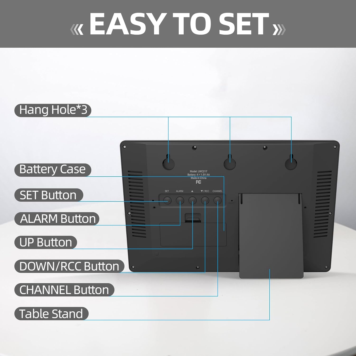 LFF Atomic Clock, Never Needs Setting, Battery Operated, Atomic Wall Clock with Indoor/Outdoor Temperature, Wireless Outdoor Sensor, Large Display Digital Calendar Clock for Elderly