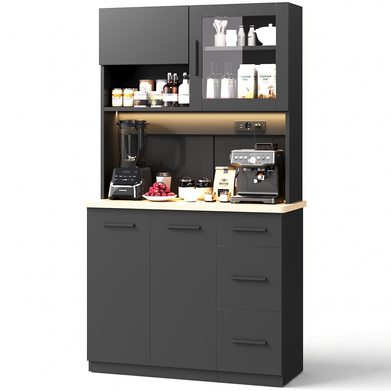 JUMMICO Buffetschrank, 100 x 40 x 182(H) cm, Küchenschrank mit 2 Steckdosen und LED Streifen 3000K, Küchenbuffet mit verstellbaren Einlegeboden und Arbeitsplatte 24 mm, Schwarz