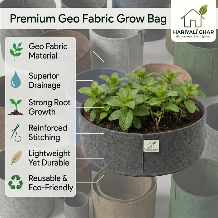 Image of 400 GSM Geo Fabric Round Grow Bags 15x6 Inch, Dark Grey Planting Bags for Terrace and Kitchen Gardening Pack of 10