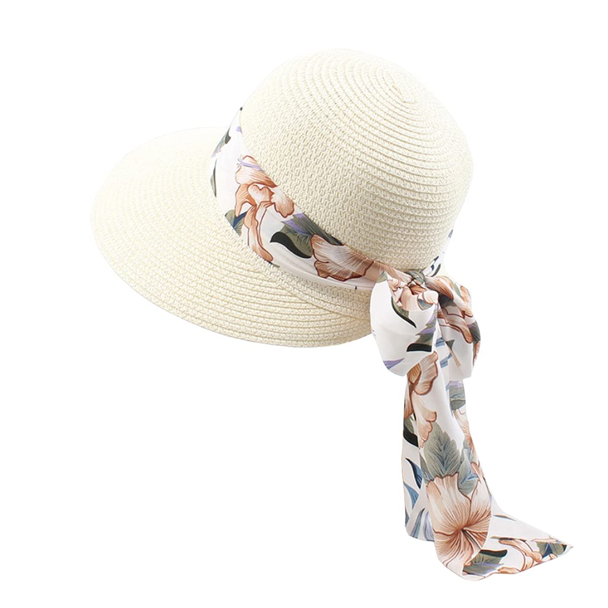 Acmede Women's White Summer Sun Hats Straw Visor Hat For With Uv Protection Upf 50 Wide Brim Summer Straw Beach Hat Foldable Ponytail Bowknot Floppy Sun Hat For One Size (White)