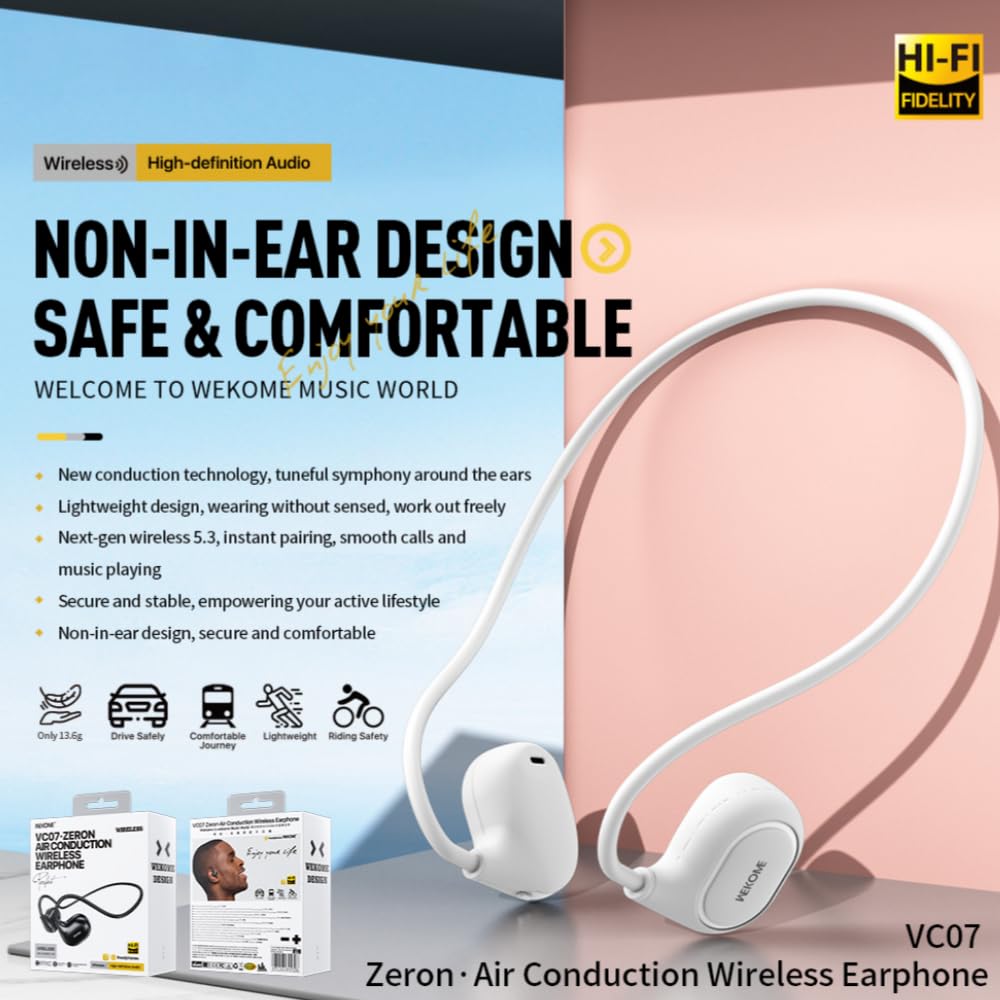 WK LIFE BORN TO LIVE- HiFi Sound Quality Bluetooth Earphone Air-Conduction with New Conduction Technology with Sports Neckband Wireless Headset and Next-gen (White)