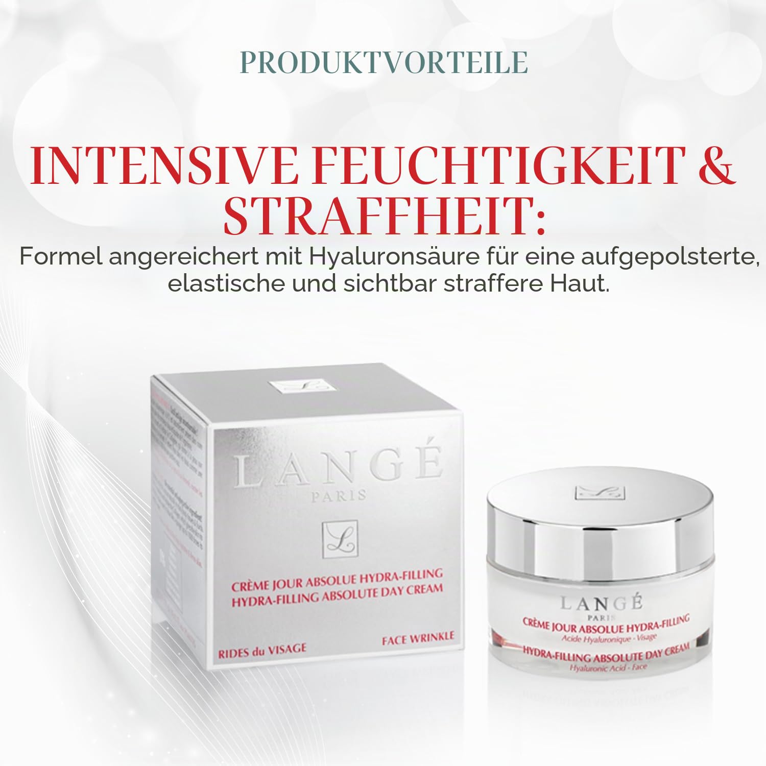 Lange Paris Absolue Hydra-Filling Tagescreme – Feuchtigkeitspflege Anti-Aging & Straffheit – Dehydrierte & reife Haut – Hyaluronsäure, Aloe Vera, Pflanzenextrakte – Make-up-Grundierung – 50 ml