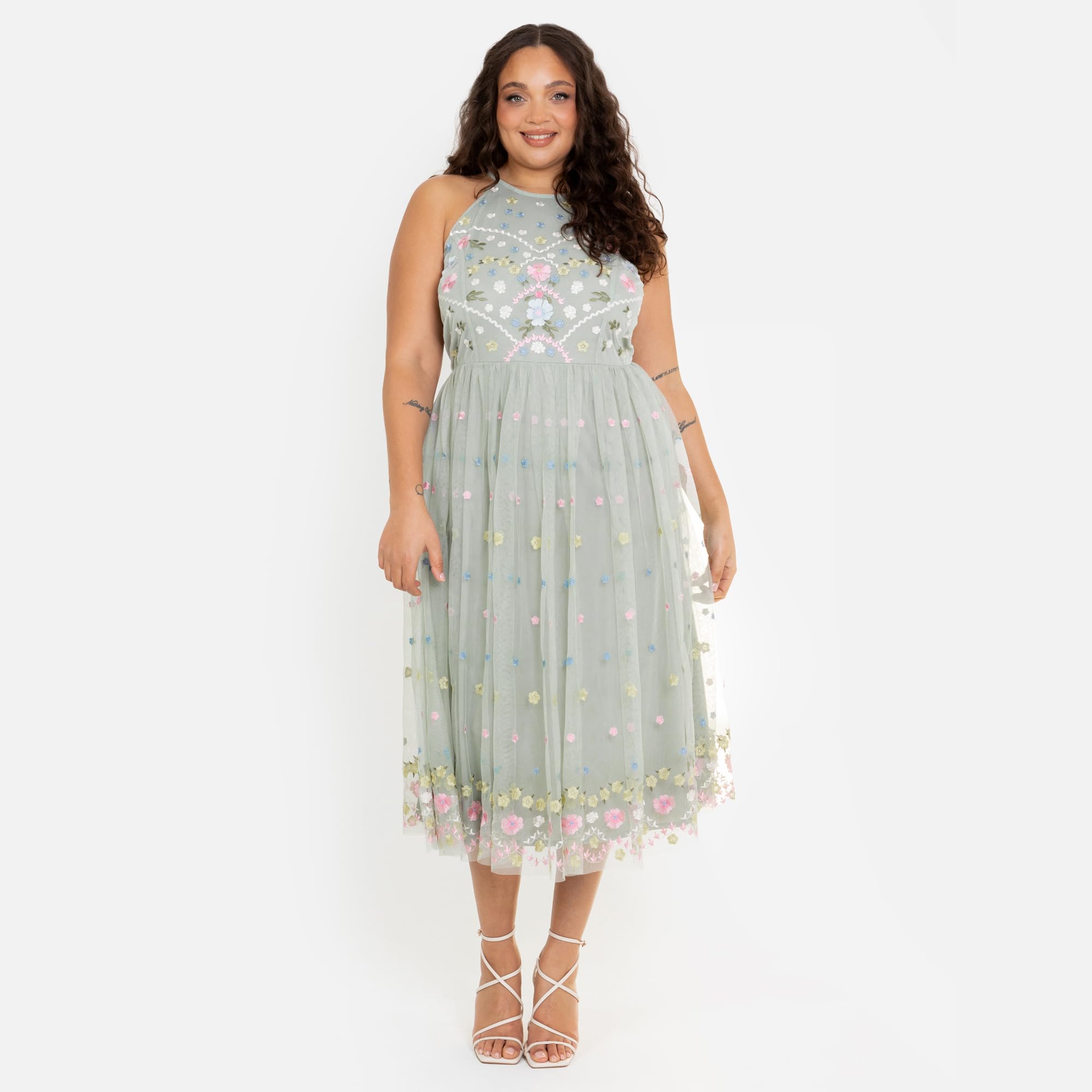 Women's Midaxi Dress Ladies Sleeveless Halterneck Floral Embroidered Tulle A-Line Bridesmaid Wedding Guest Outfit
