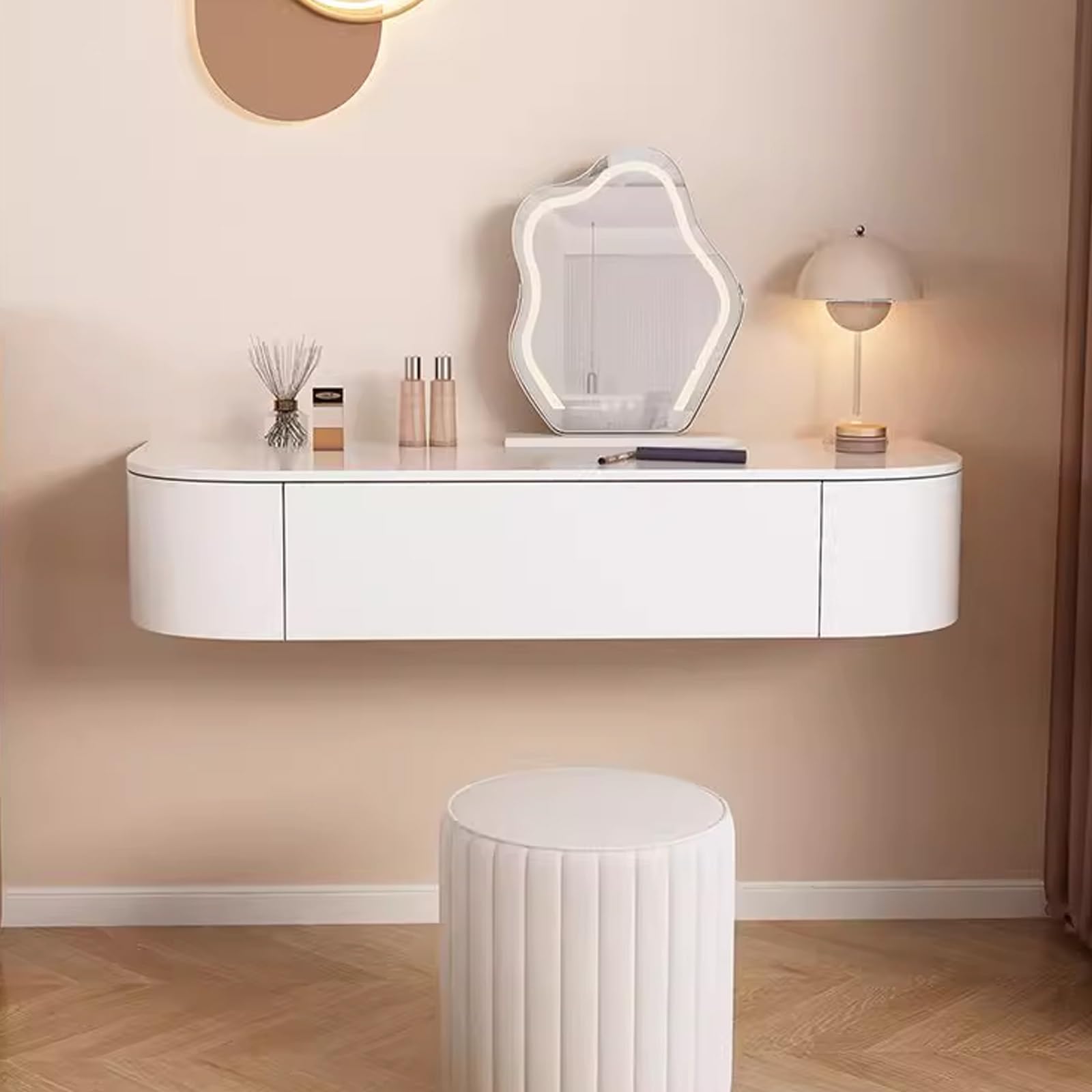 asdchZen Modern Floating Vanity Makeup Table With Corner Desk & Nightstand Stylish Suspended Storage Cabinet For Bedroom & Home Office Decor