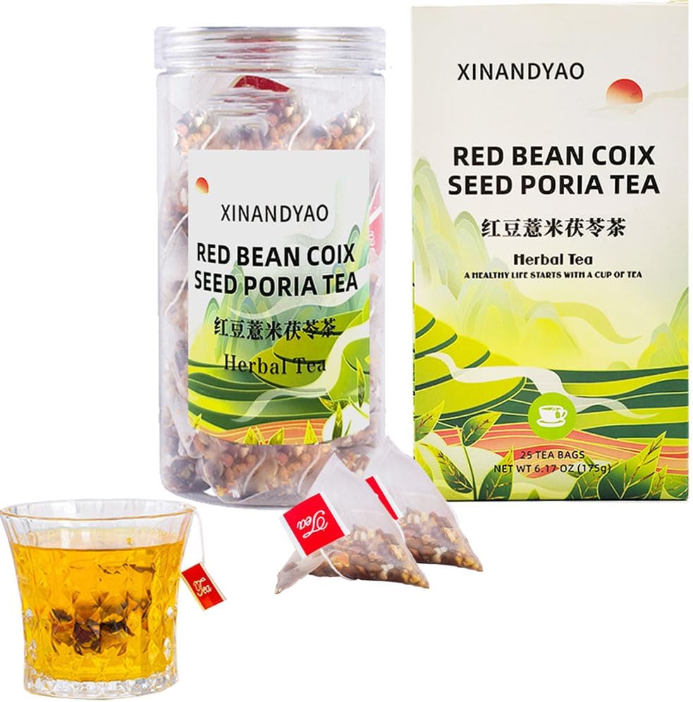 Red Bean Coix Seed Barley Tea Bags, Ormosia,Gordon Euryale Seed, Gardenia Jasminoides, Poria Cocos, Orange Peel, Combination Tea 25 Count, Vegan, Sugar-Free & Caffeine-Free