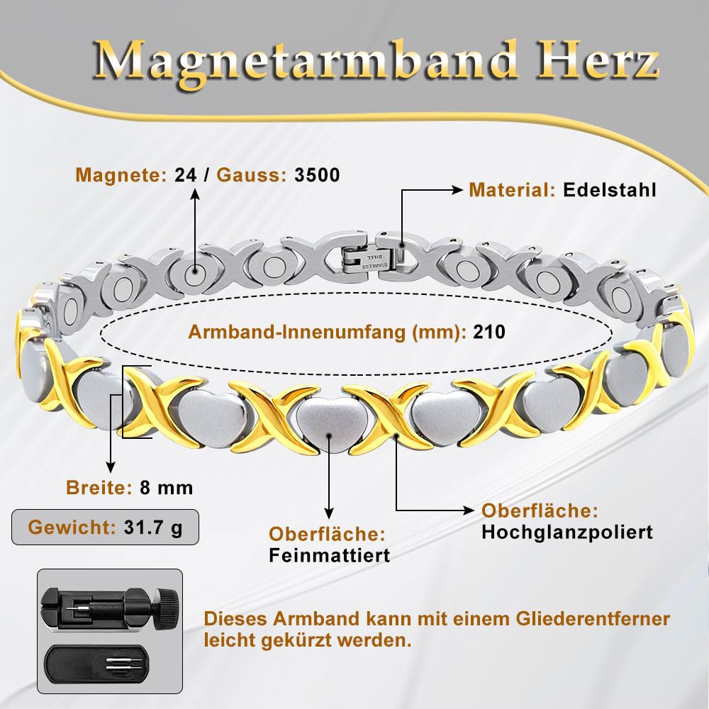 Chaîne de cheville magnétique en forme de cœur pour femme - En acier titane - 3500 gauss - Aimants ultra puissants avec outil d'ajustement et boîte cadeau