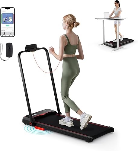 Goplus 2 in 1 Folding Treadmill, 2.5HP 340 LBS Capacity Walking Pad with Handle Bar, Under Desk Treadmill with Remote Control, LED Display and APP,