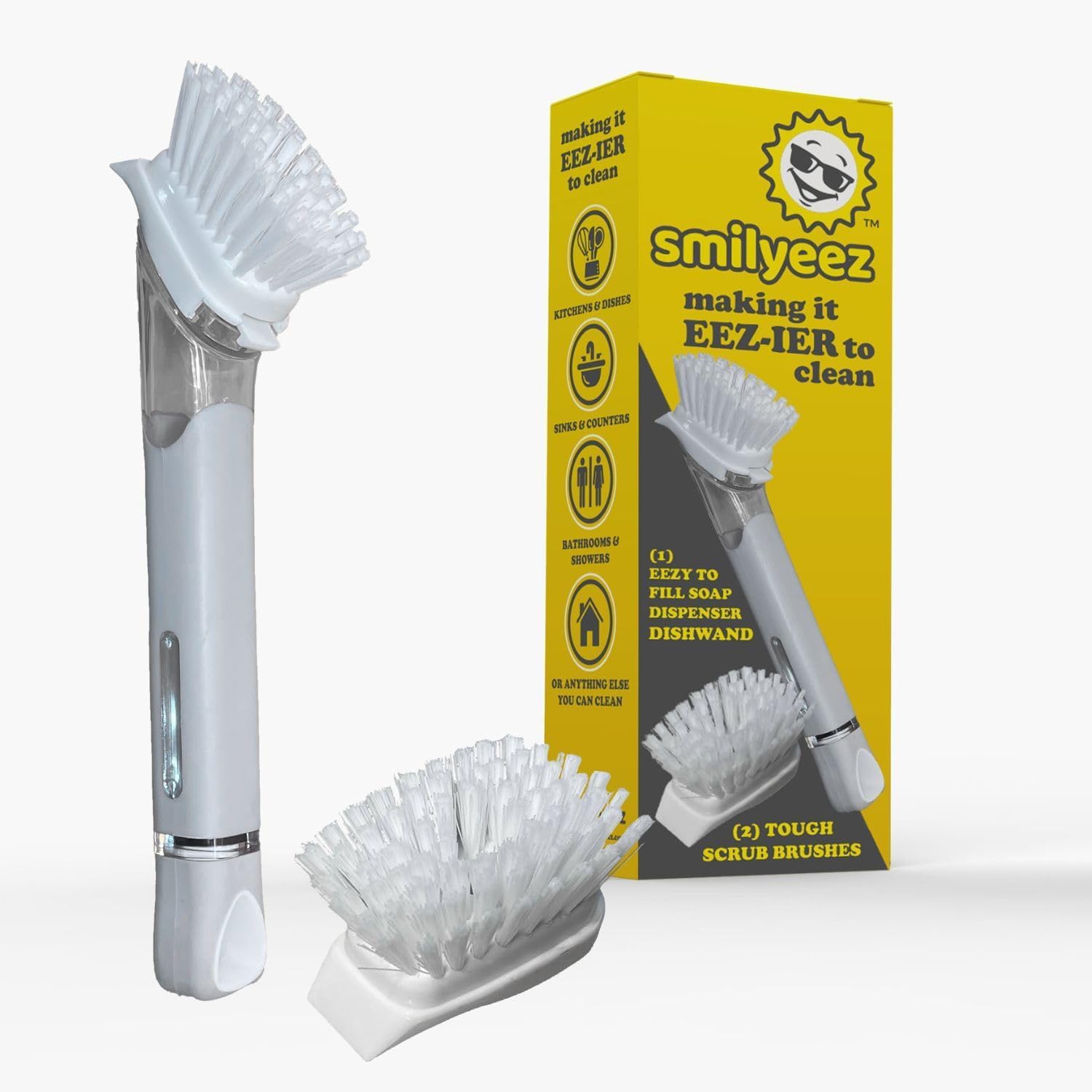 Soap Dispensing Dishwand by Smilyeez (Grey) with Ergonomic Handle and 2 Interchangeable Brushes - Effortless Cleaning and Long-Lasting Durability - Kitchen and Dishwashing Essential