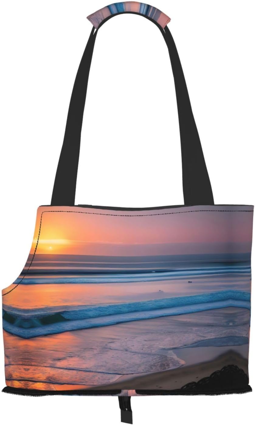 Sunset Beach Print Portable Foldable Shoulder Bag for Travel,with Collar Hook and Handle Pad,Cute Stylish Design