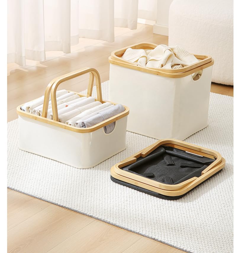 Caja de almacenamiento plegable con mango de bambú, tela Oxford (beige, 40,5 x 33 x 17 cm)