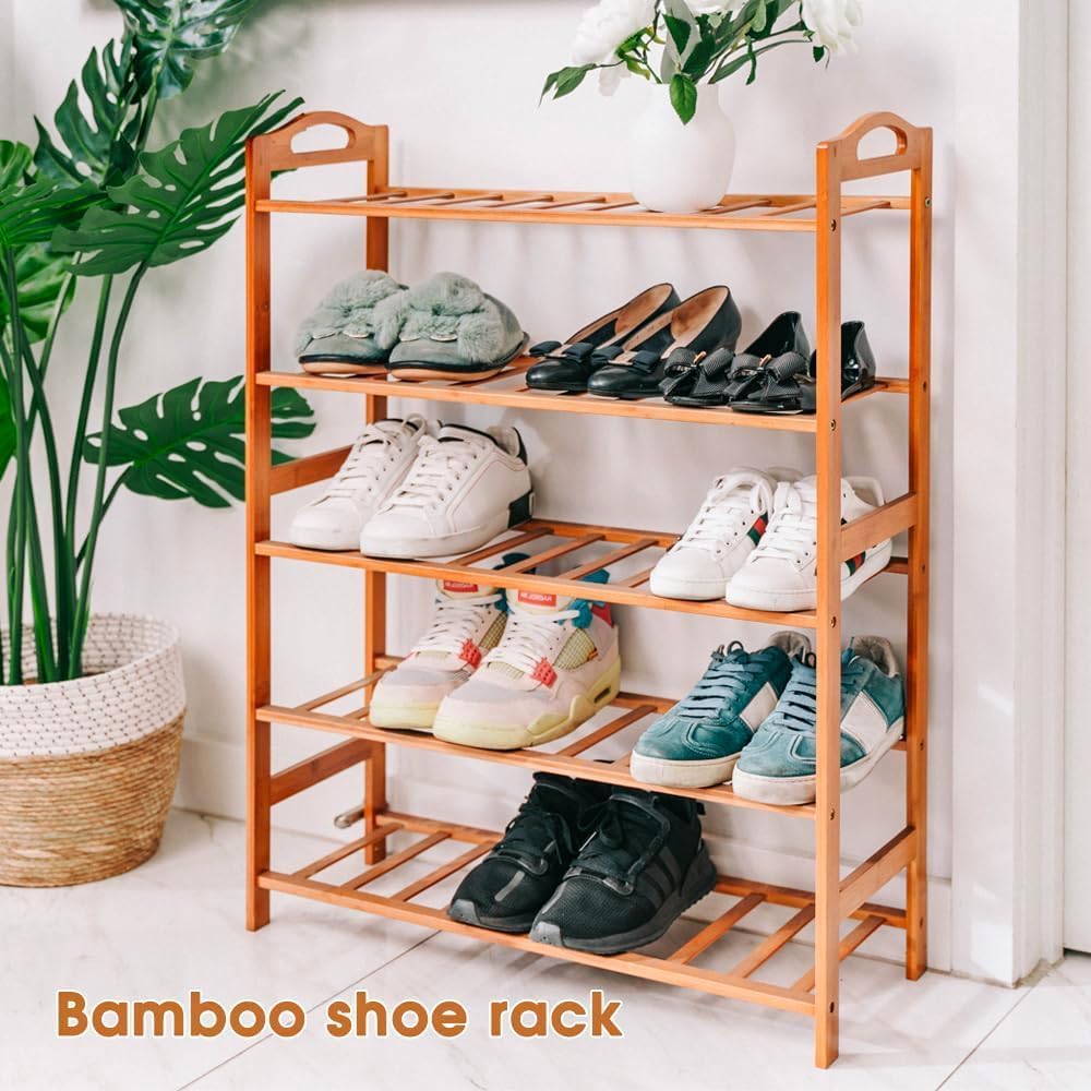 Foldable Bamboo Shoe Rack - Portable Wooden Stand, Free Standing Shelf for Home, Entryway, Living Room, Balcony - Space Saving Organizer (69 CM FIX, 5-Layer)
