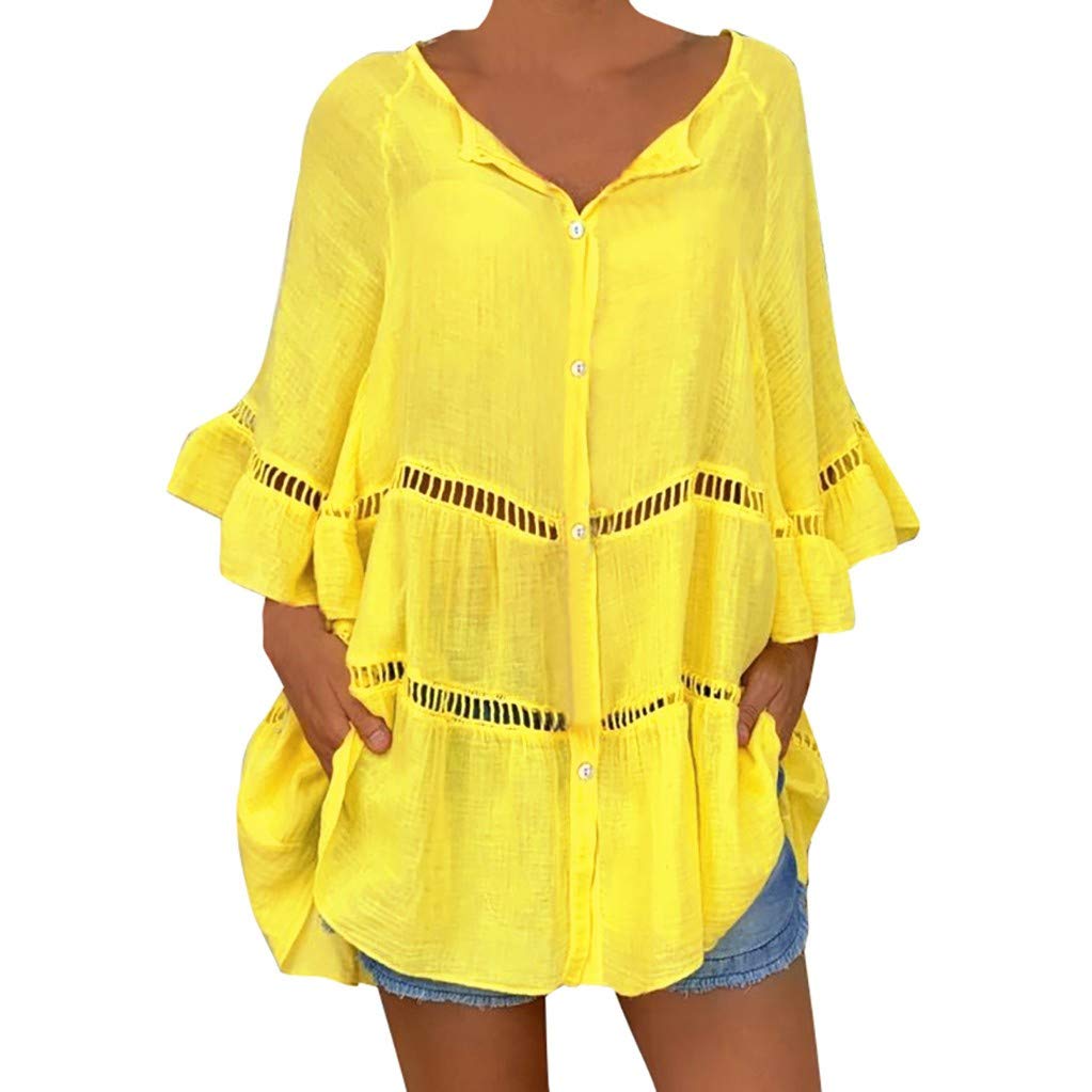 Vectry Camisa Mujer Tallas Grandes para Mujer Algodón Liso Y Lino Hollow out Jersey con Cuello En V Top Camisa Camisa Otoño Verano Playa Y Fiesta